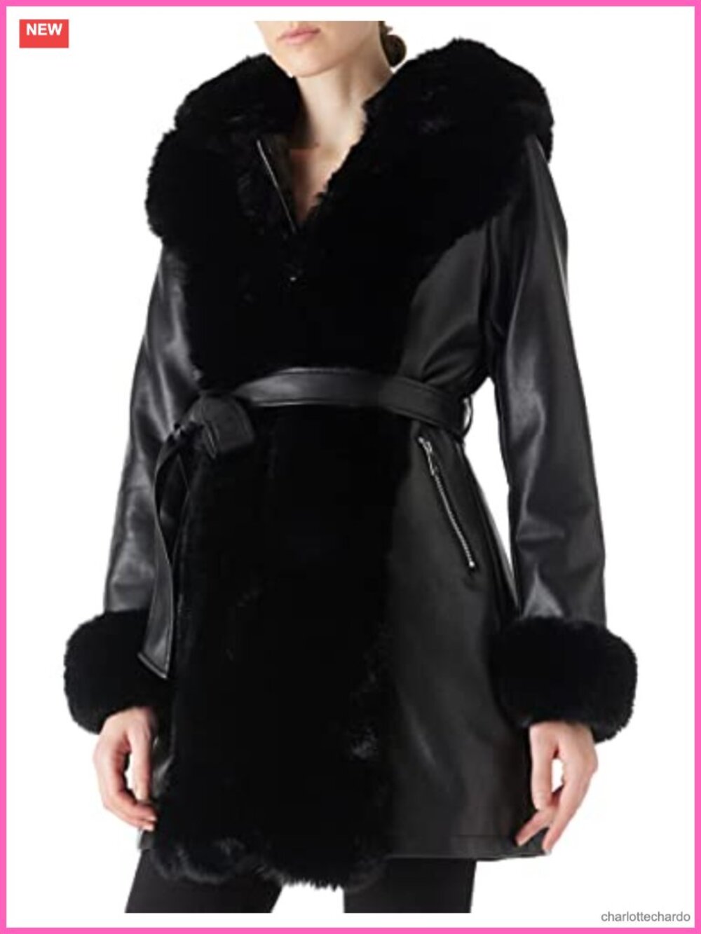 Women's Faux Leather Fur Lined Hooded Winter Coat with Belt